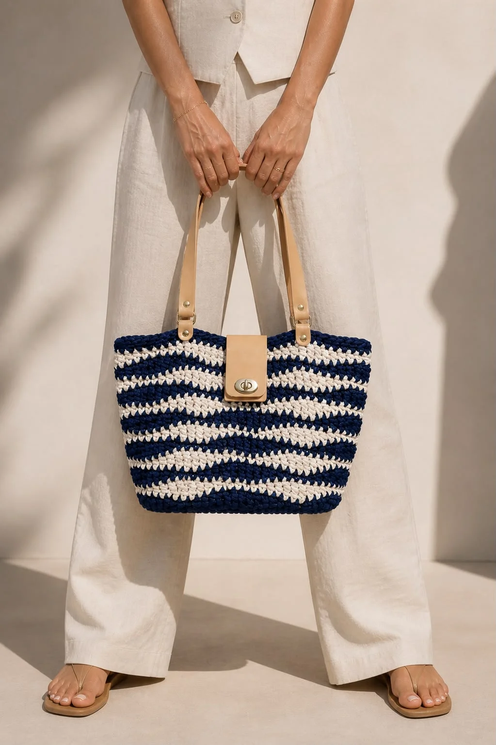 Frau in heller Leinenhose hält eine marine-natur gestreifte Häkeltasche mit naturfarbenen Ledergriffen — Nicht nur Materialien. Möglichkeiten.
